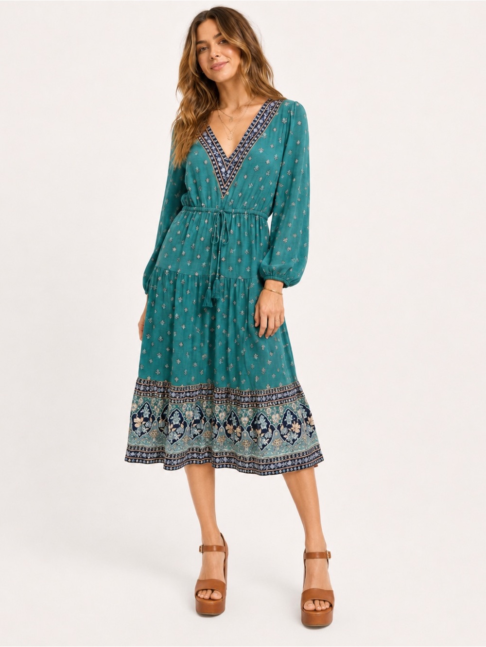 Lucky Brand M Teal Boho Paisley Border Print V Neck Midi Dress Drawstring
